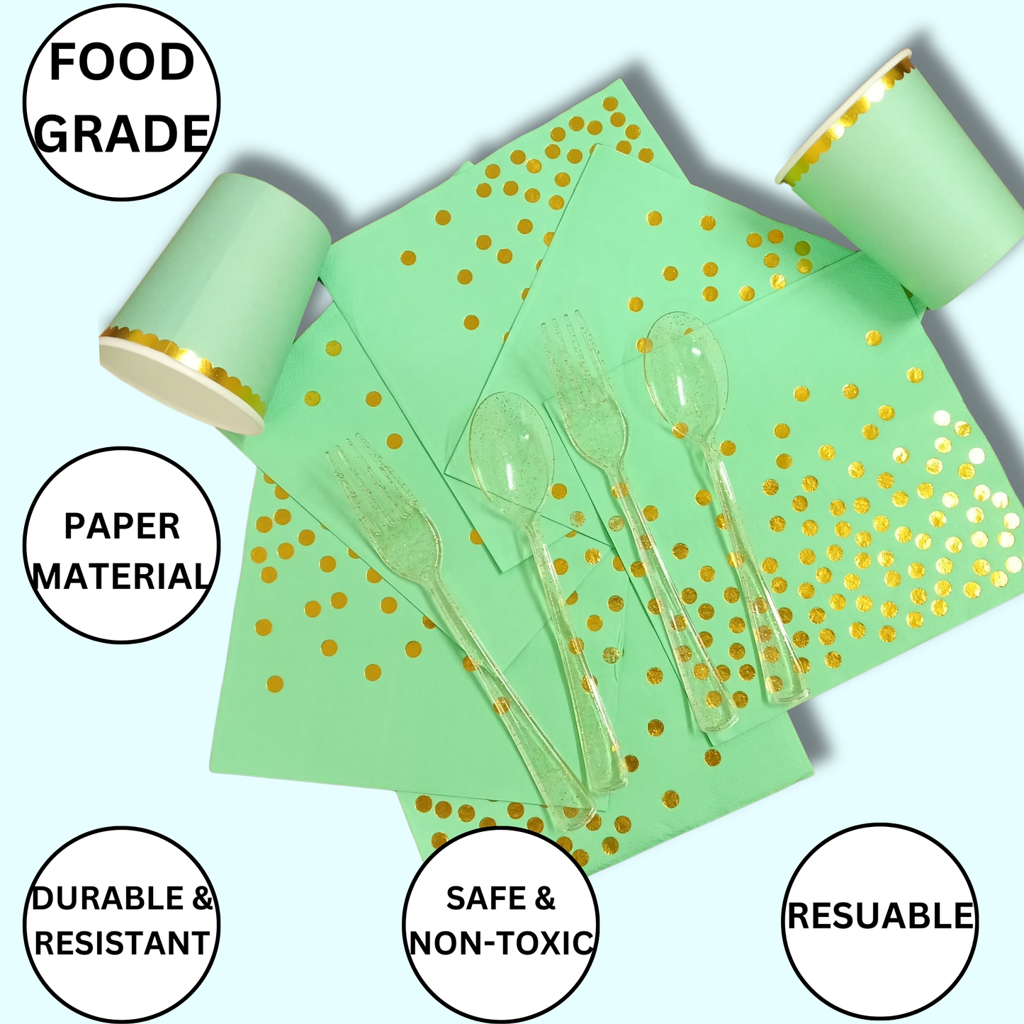 Wanna Party 64 Pieces Mint Green Tableware Party Supplies - Elegant Mint Green Party Tableware Set with Paper Plates, Gold Foil Polka Dot Napkins, Paper Cups, Spoons and Forks for Birthdays, Weddings, Bridal Showers, Baby Showers - Serves 10