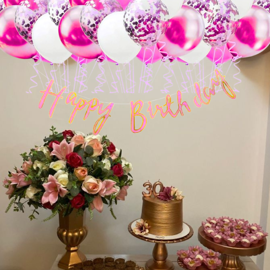 Hot Pink Happy Birthday Cursive Banner w/ White & Pink Confetti Balloons and Wall Hooks Birthday Combo - Set of 13PC