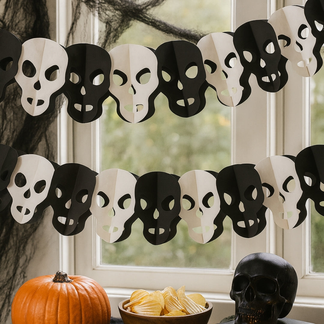 Black & White Skull Garland For Wall Hanging Decor- Over 10 Ft - 1PC