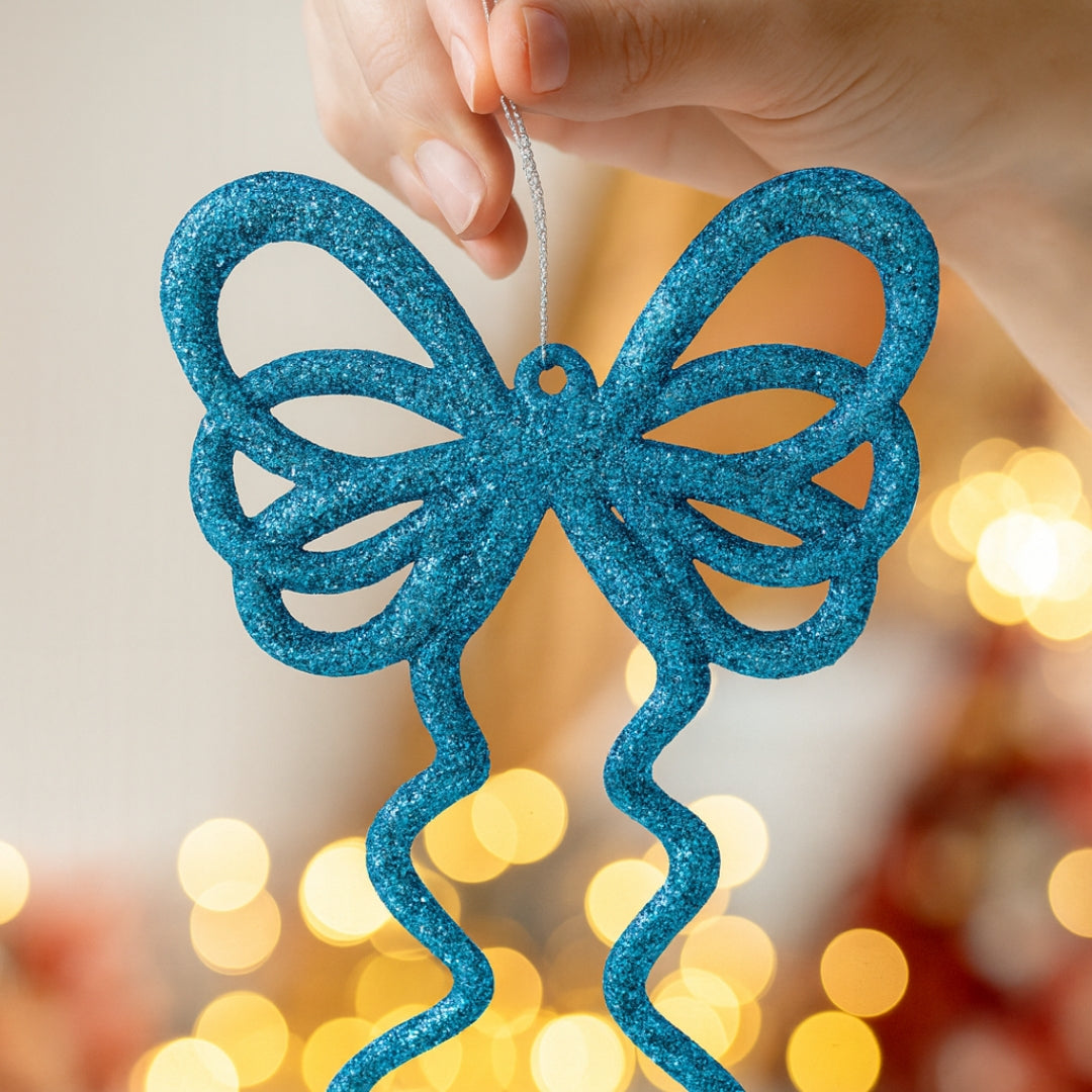Fancy Blue Glitter Christmas Bows For Hanging Decor - 6 PC