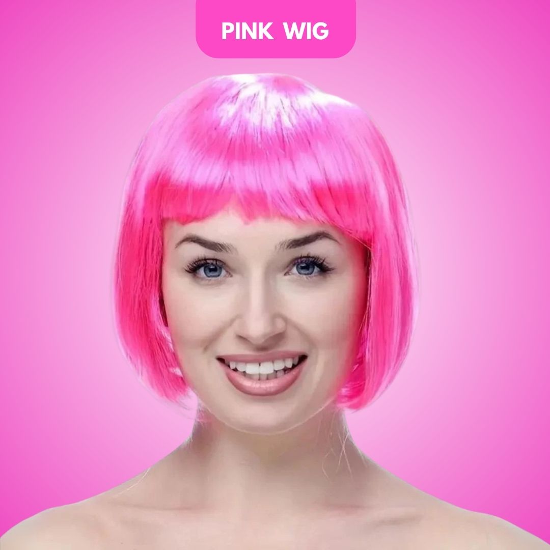 Pink Bob Wig with Bangs Short Blunt Cut Wig for Women Pink Straight Hair Blunt Wig for Halloween Cosplay Party