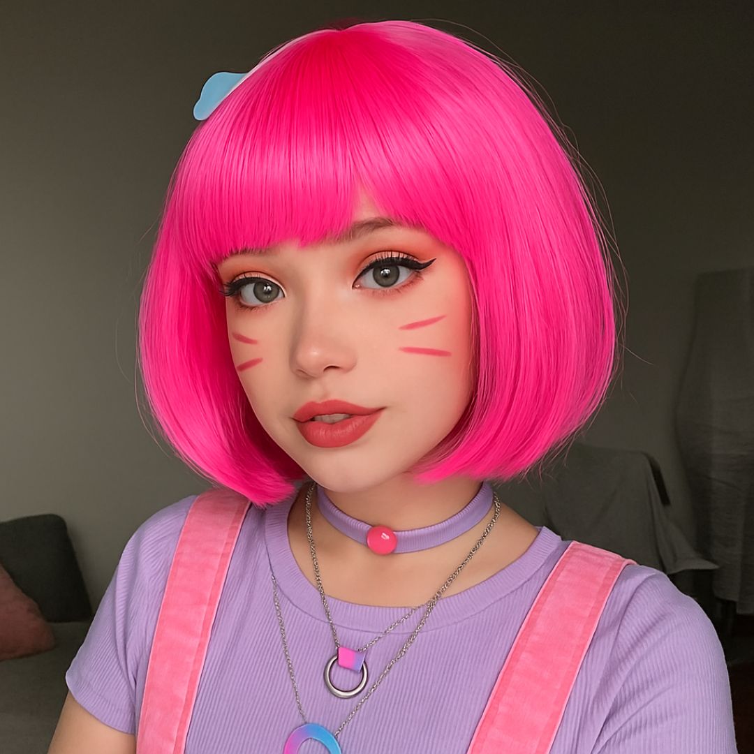 Pink Bob Wig with Bangs Short Blunt Cut Wig for Women Pink Straight Hair Blunt Wig for Halloween Cosplay Party