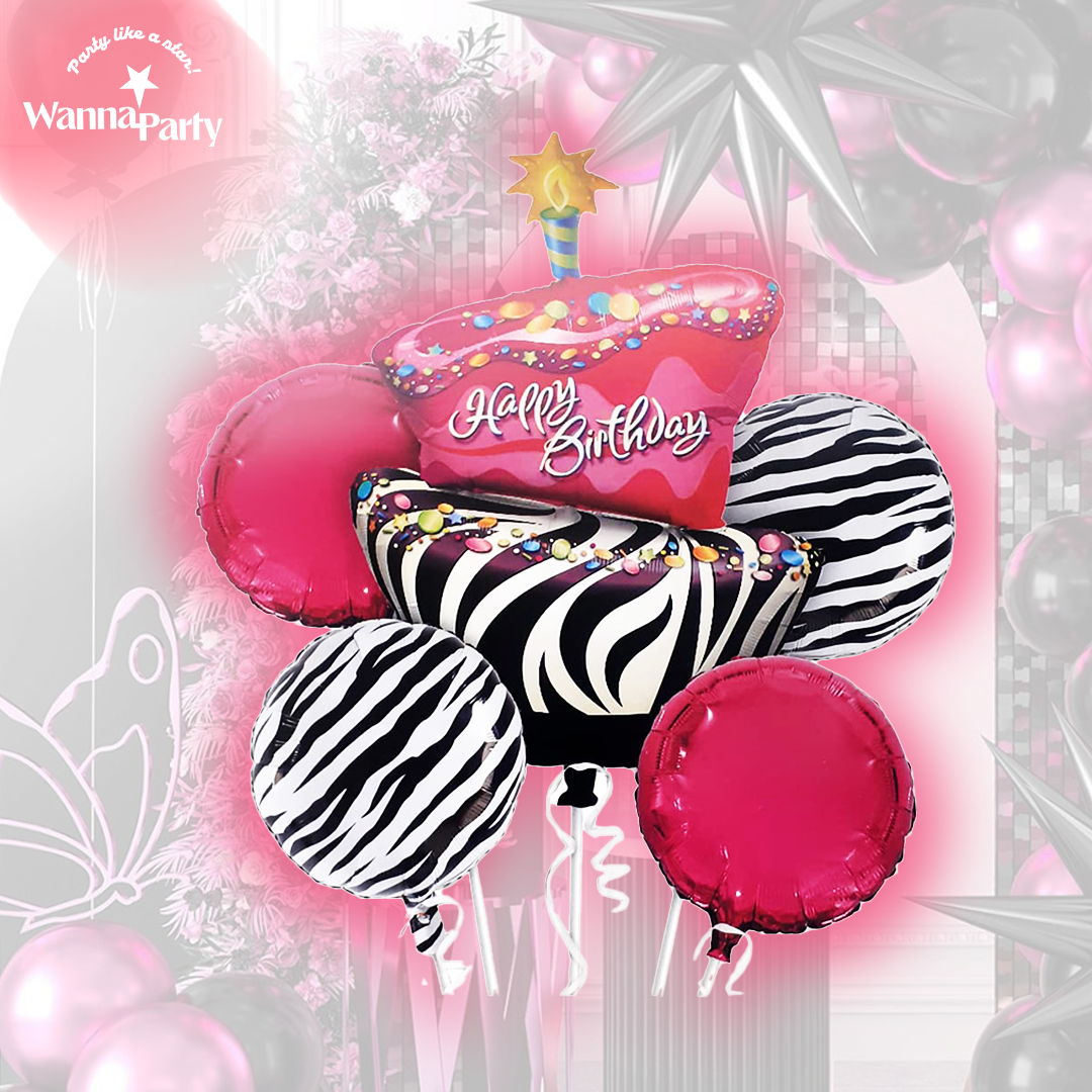 Happy Birthday Pink & Black Zebra Stripes Balloon pack of 5 pc (w/ Helium Gas)