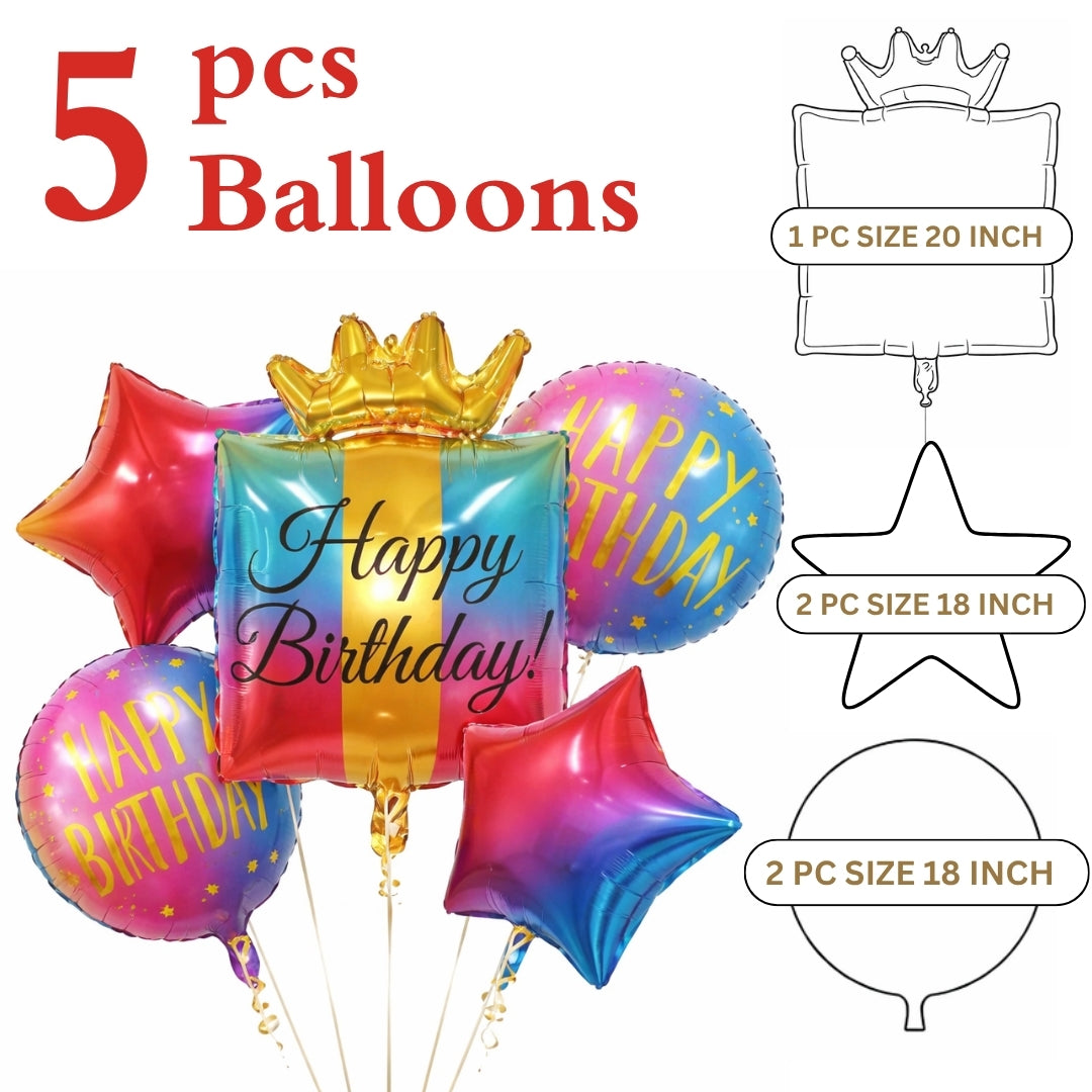 Happy Birthday Multicolor Helium Filled Foil Balloon Set of 5 | Pre-Inflated & Delivered | Birthday Decoration