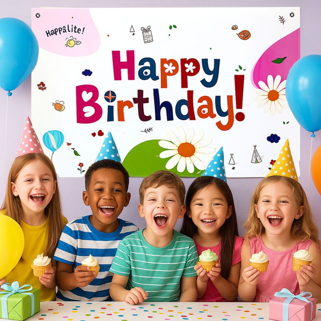 Floral Theme White Happy Birthday Banner for Wall Decor - 4FT X 2FT - 1PC