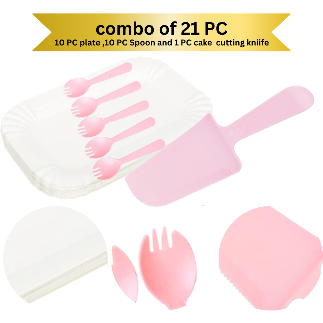 Pink Cake Knife, Forks & Disposable Plates Set - Set of 21 PC