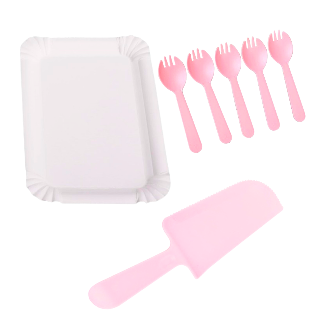 Pink Cake Knife, Forks & Disposable Plates Set - Set of 21 PC