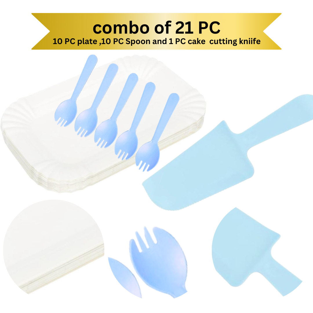 Blue Cake Knife, Forks & Disposable Plates Set - Set of 21 PC