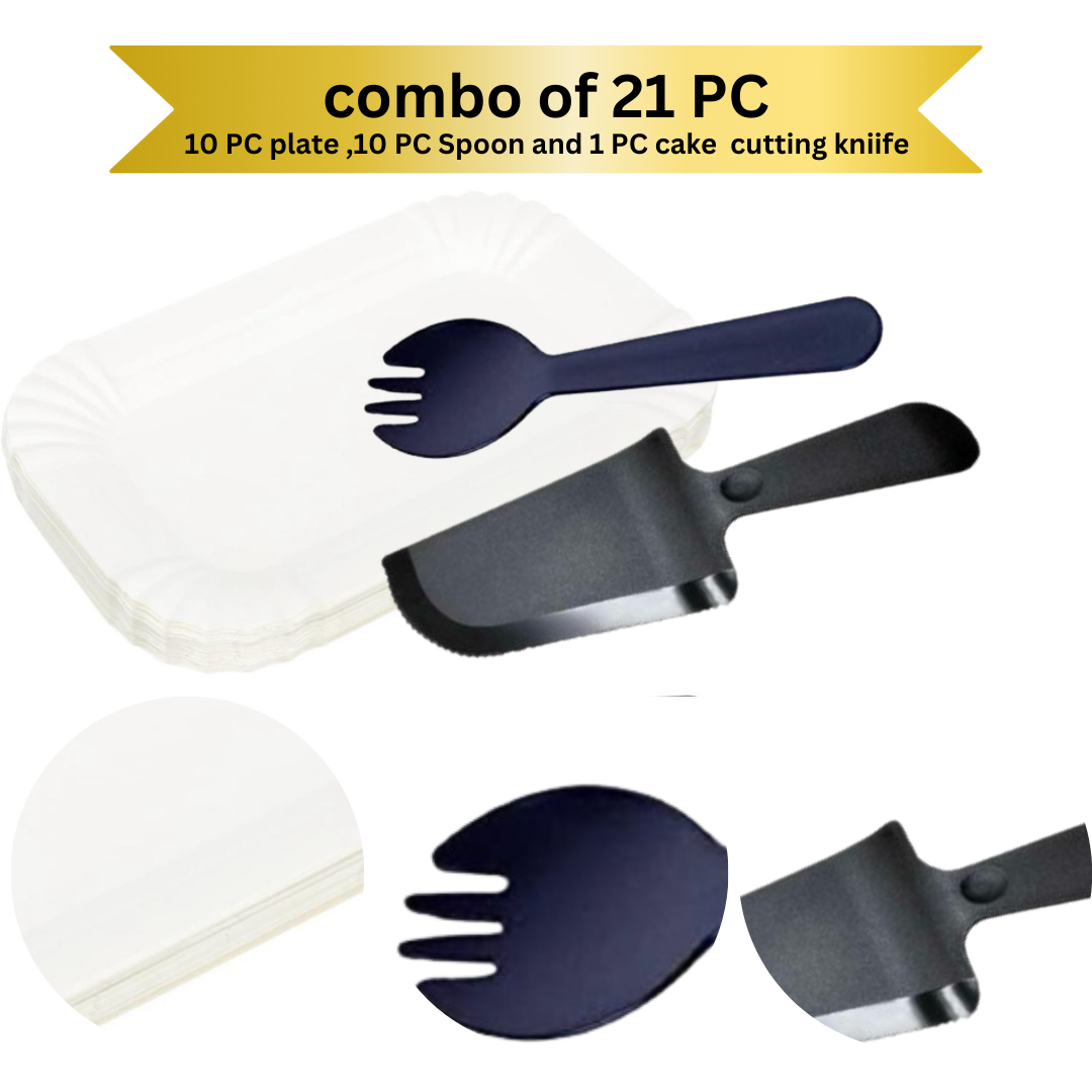 Black Cake Knife, Forks & Disposable Plates Set - Set of 21 PC