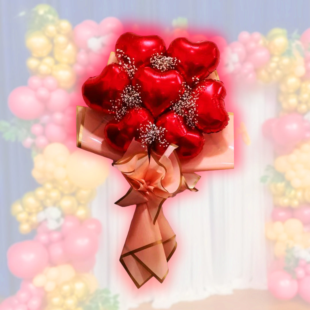 Red 10" Heart Shaped Balloons with Gympsum Flowers - Set of 7