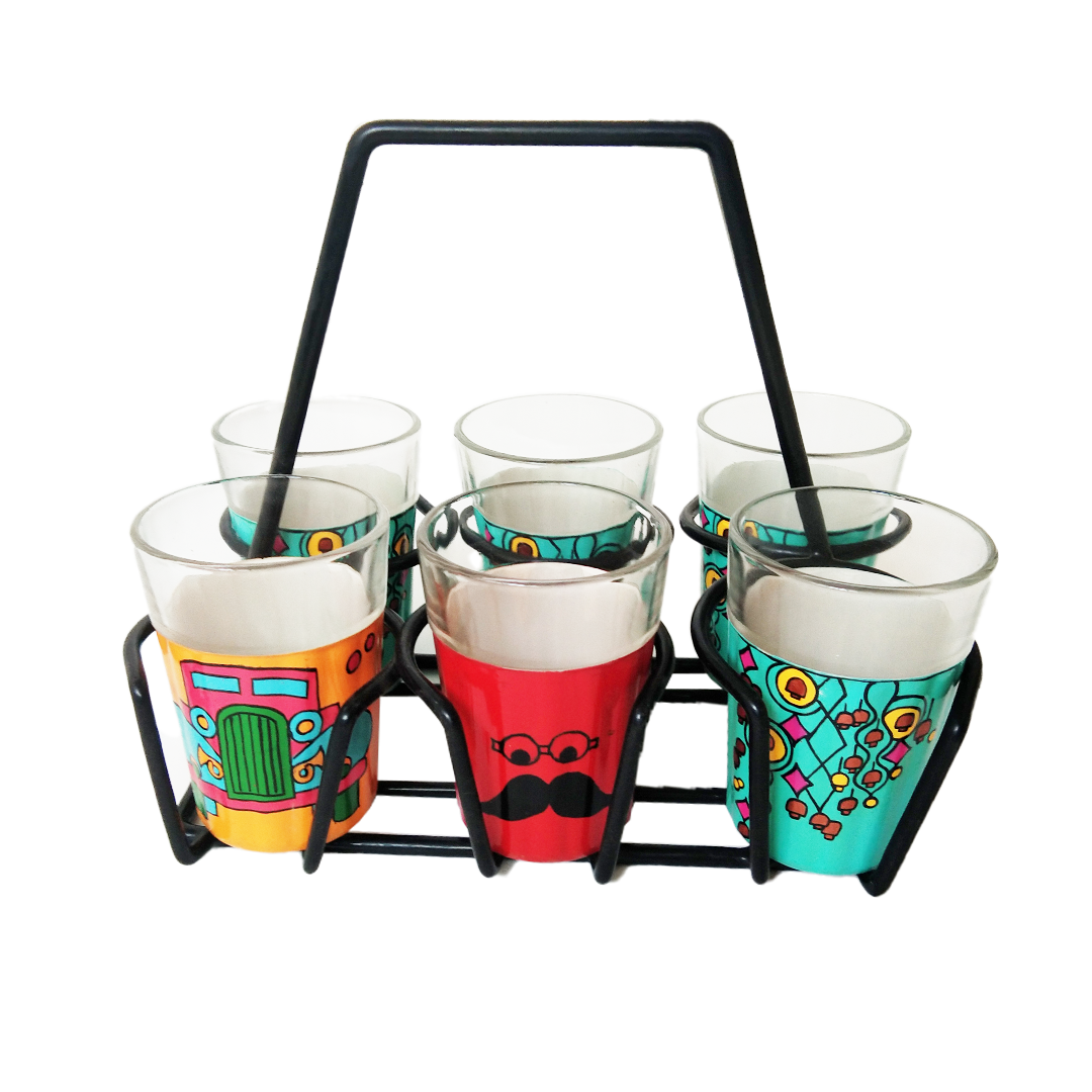 Cutting Chai Painted Glasses With Cup Holder - 6PC