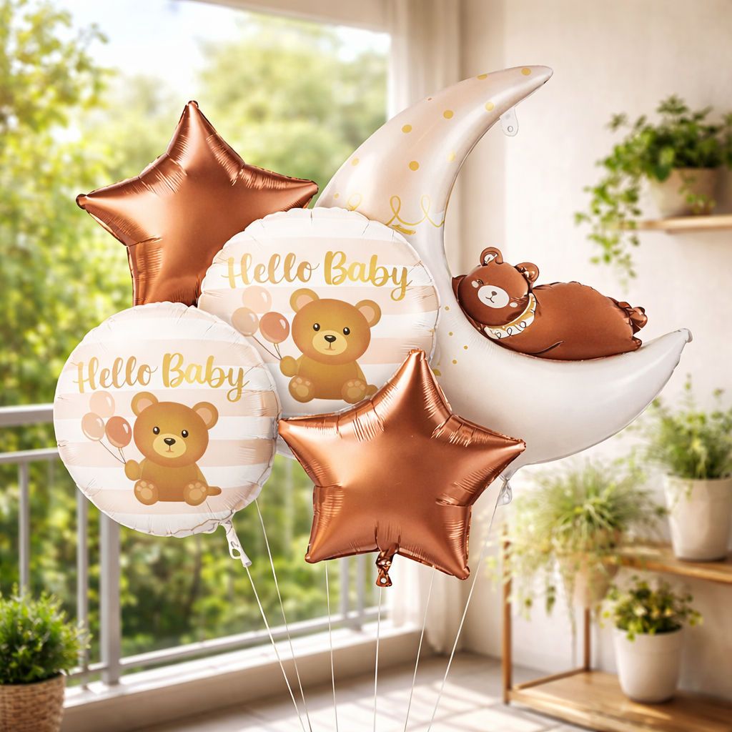 Hello Baby Teddy Bear & Stars Balloon - 5PC