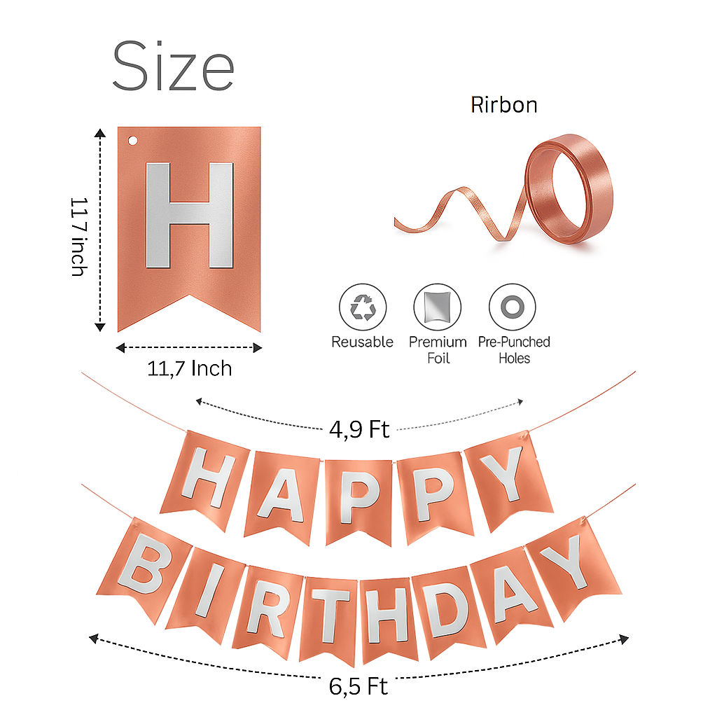 Metallic Rose Gold Happy Birthday Banner - 1PC