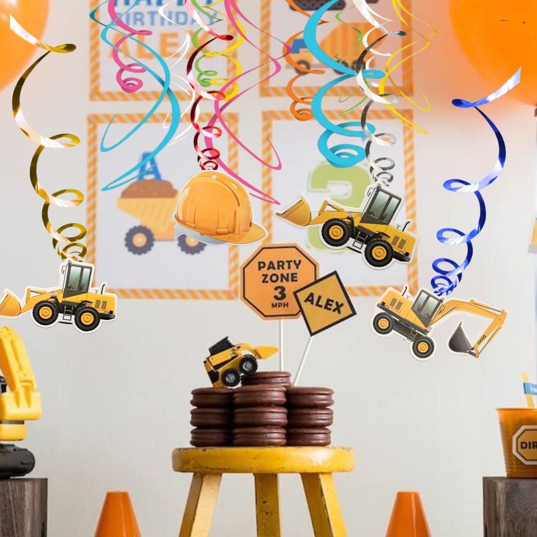 Under Construction Theme Swirl Hanging Decor w/ Cardstock Cutouts - 12 PC