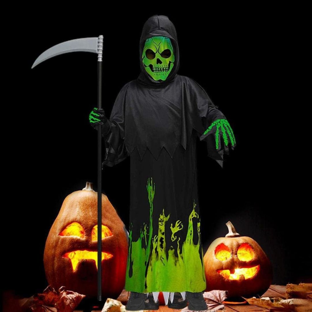 Glow in the Dark Hoody Mask Ghost Costume with Glow Gloves - Size L - Age 7 to 9 Years