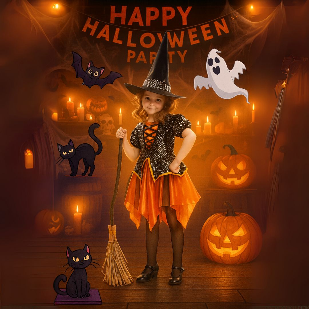 Witch Dress Black and Orange with Witch Hat - Size M - Age 5 to 7 Years