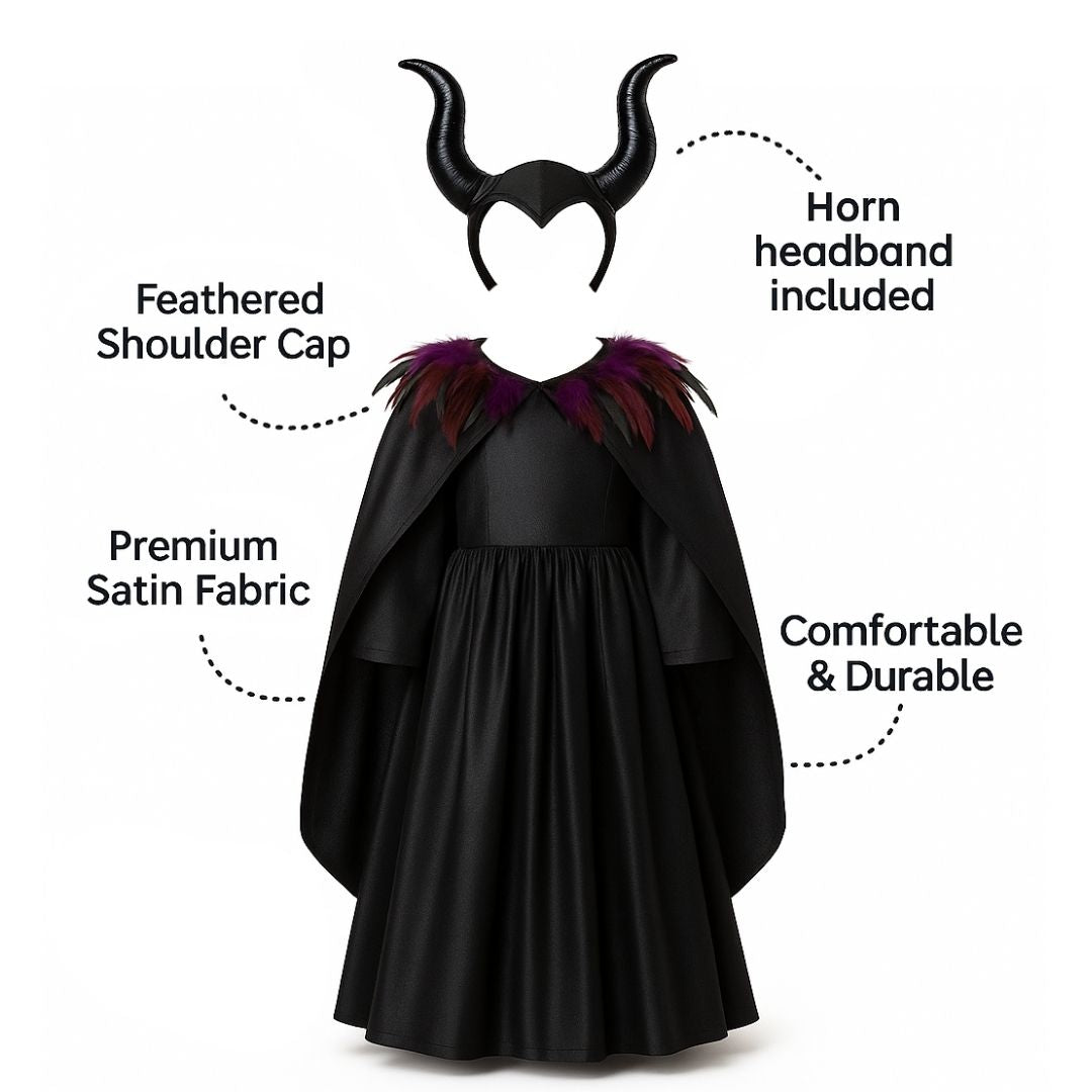 Maleficient Costume with Black Leathery Vest, Black Capes with Black and Purple Feathers and Black Maleficient Glittery Headband - Size XL - Age 10 to 12