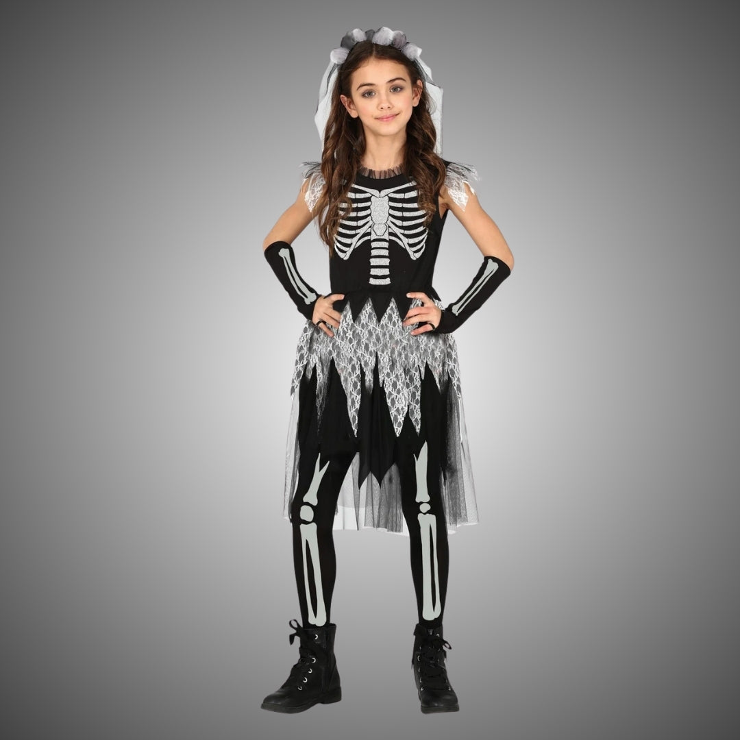 Sassy Skeleton Jumpsuit Costume with Tutu and Floral Headband with White Veil - Size M - Age 5 to 7