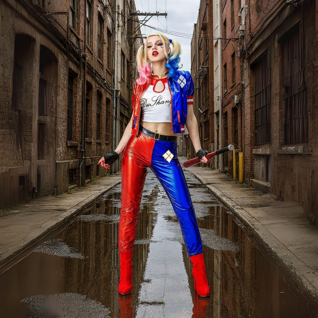 Harley Quinn Red & Blue Adult Costume with Jacket, Pants and Sleevless Tees - Size L