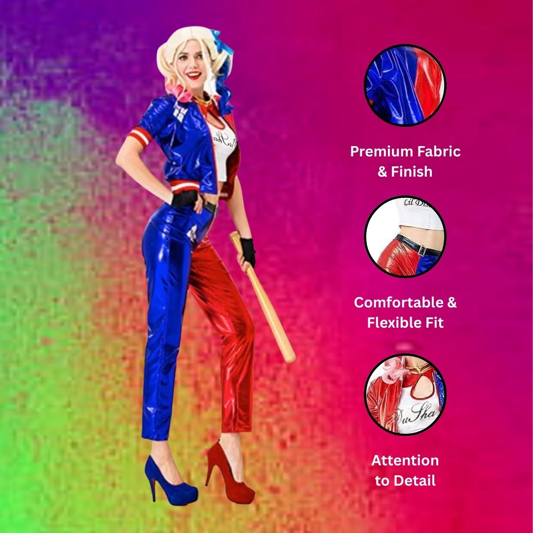 Harley Quinn Red & Blue Adult Costume with Jacket, Pants and Sleevless Tees - Size XL