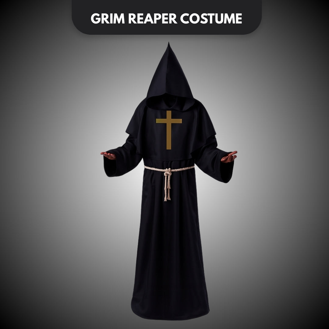 Friar Medieval Hooded Monk Priest Adult Robe Costume with Cross Sign and Rope - Size XL