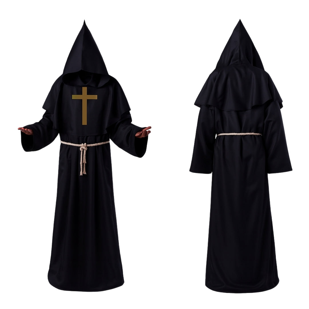 Friar Medieval Hooded Monk Priest Adult Robe Costume with Cross Sign and Rope - Size XL