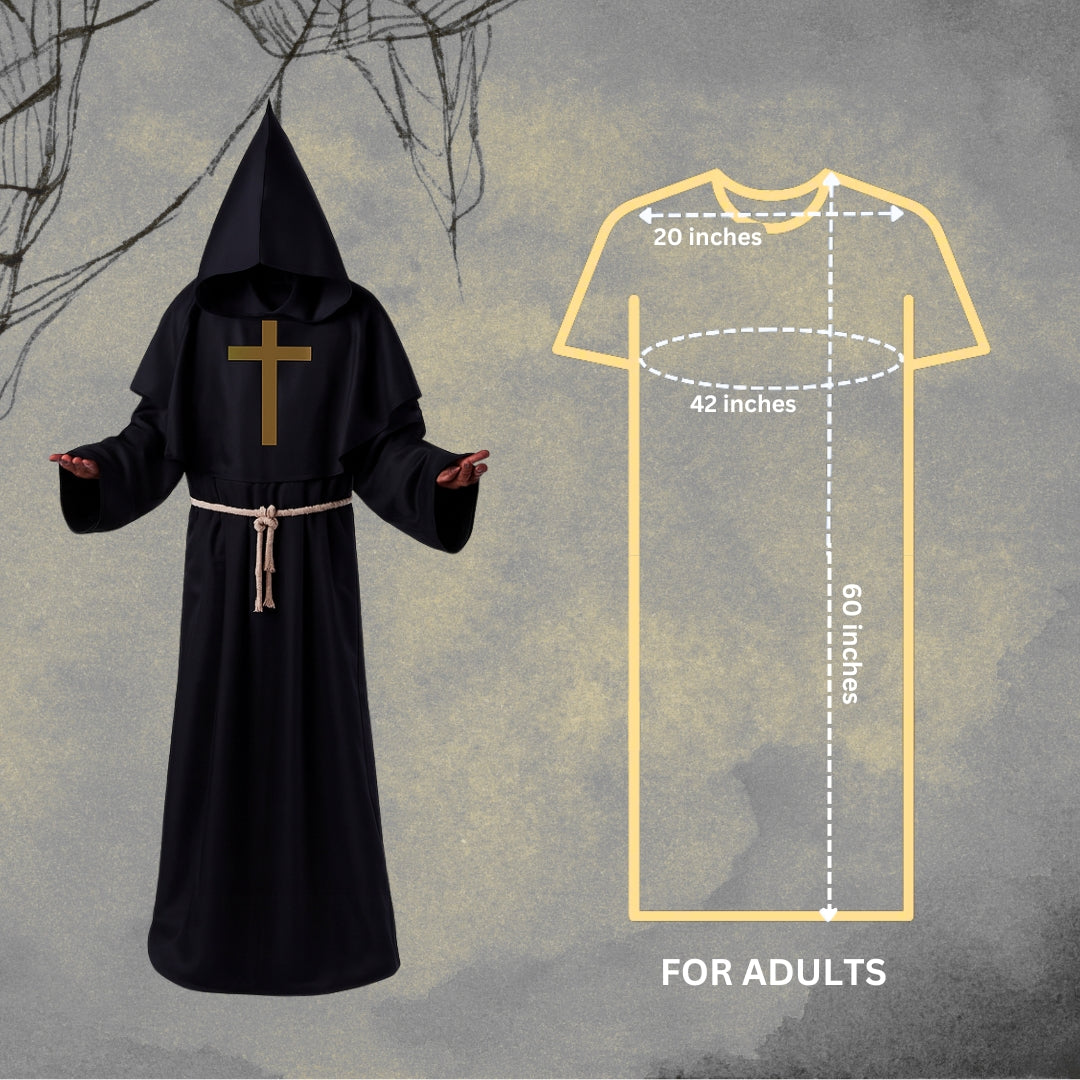 Friar Medieval Hooded Monk Priest Adult Robe Costume with Cross Sign and Rope - Size XL