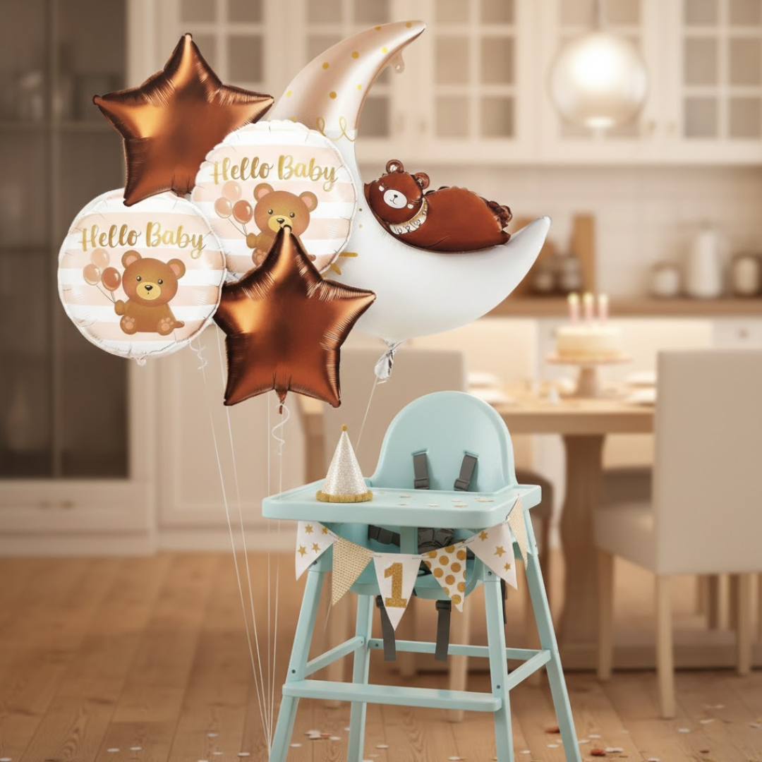 Hello Baby Teddy Bear & Stars Balloon - 5PC