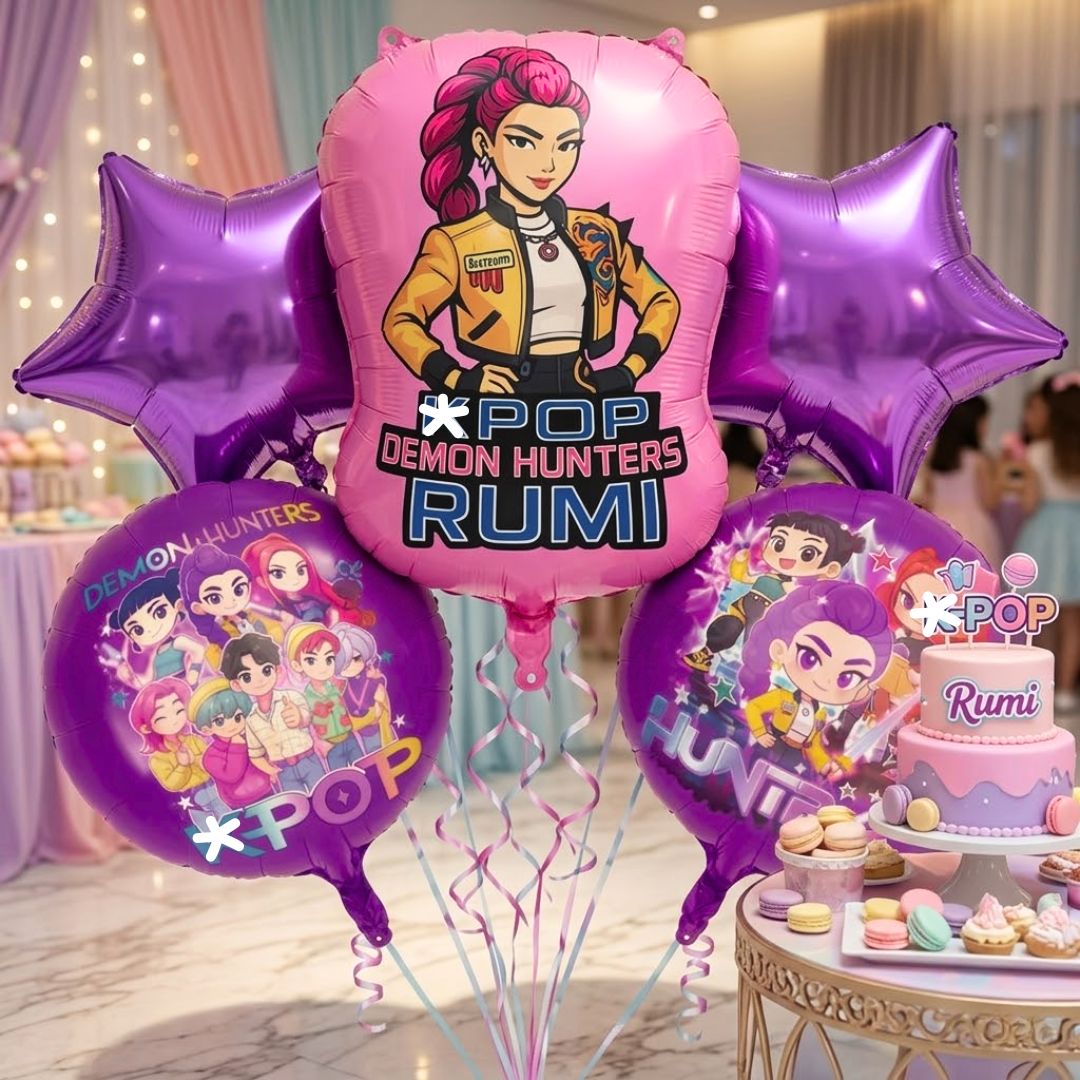 Korean Pop Demon Huntrix Theme Foil Balloon Set of 5 | Music Theme Party Balloons | Kids Birthday Decoration
