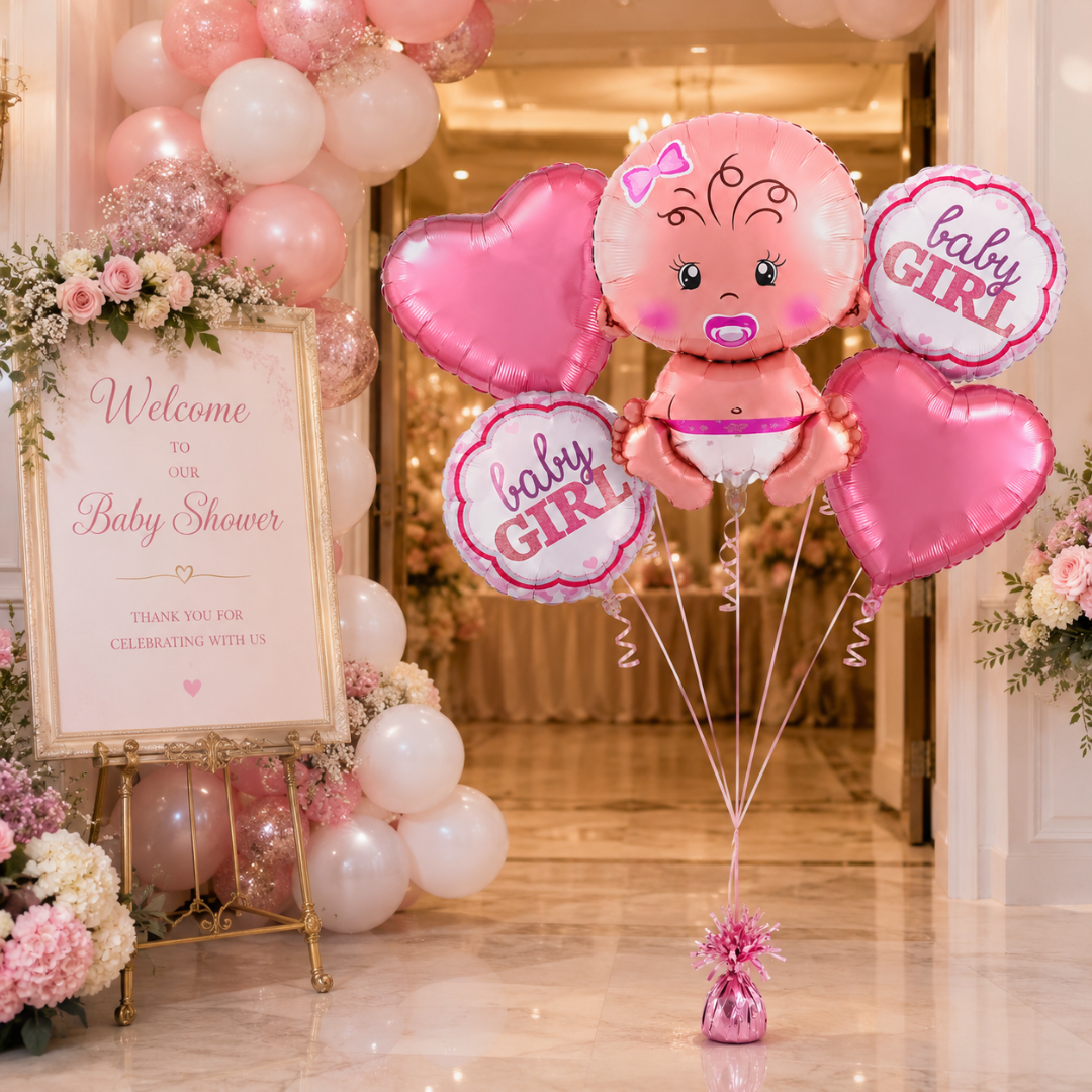 Baby Girl Balloon Bouquet Set – 5 Pcs | Cute Pink Foil Balloons with Baby Face & Hearts for Baby Shower, Welcome Baby & Newborn Room Decoration