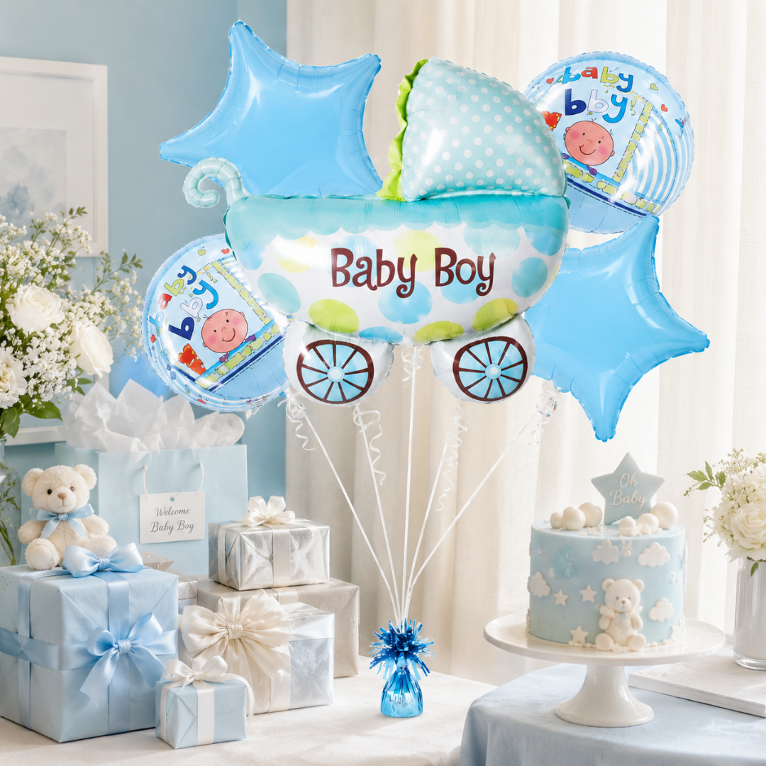 Baby Boy Pram Balloon Bouquet Set – 5 Pcs | Cute Blue Baby Carriage Foil Balloons for Baby Shower, Welcome Baby & Newborn Room Decoration