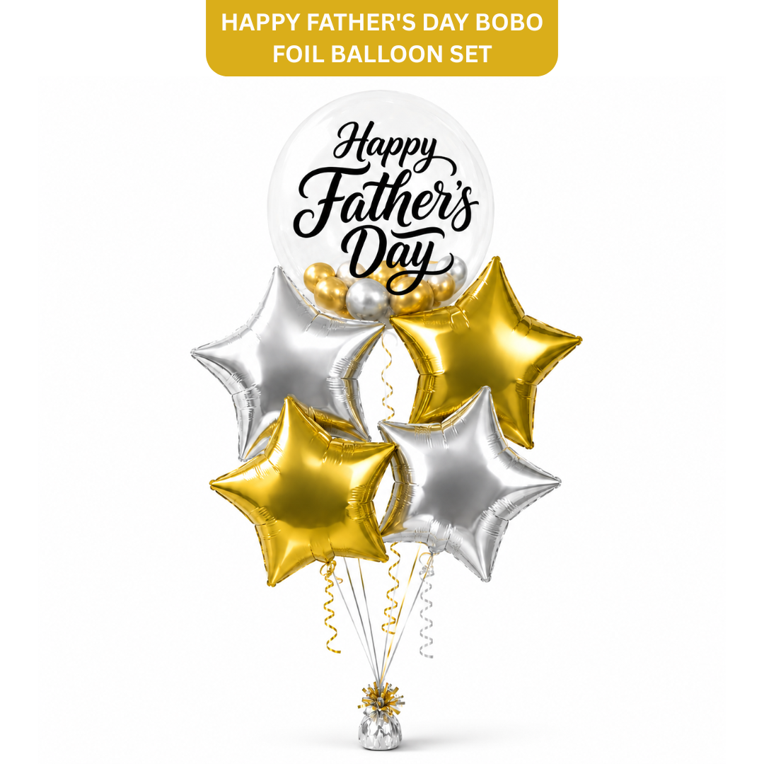 Happy Father’s Day BOBO Foil Balloon Set 5PC, Helium Supported Dad Balloon Bouquet with Star Balloons for Father’s Day, Papa Birthday & Surprise Decor