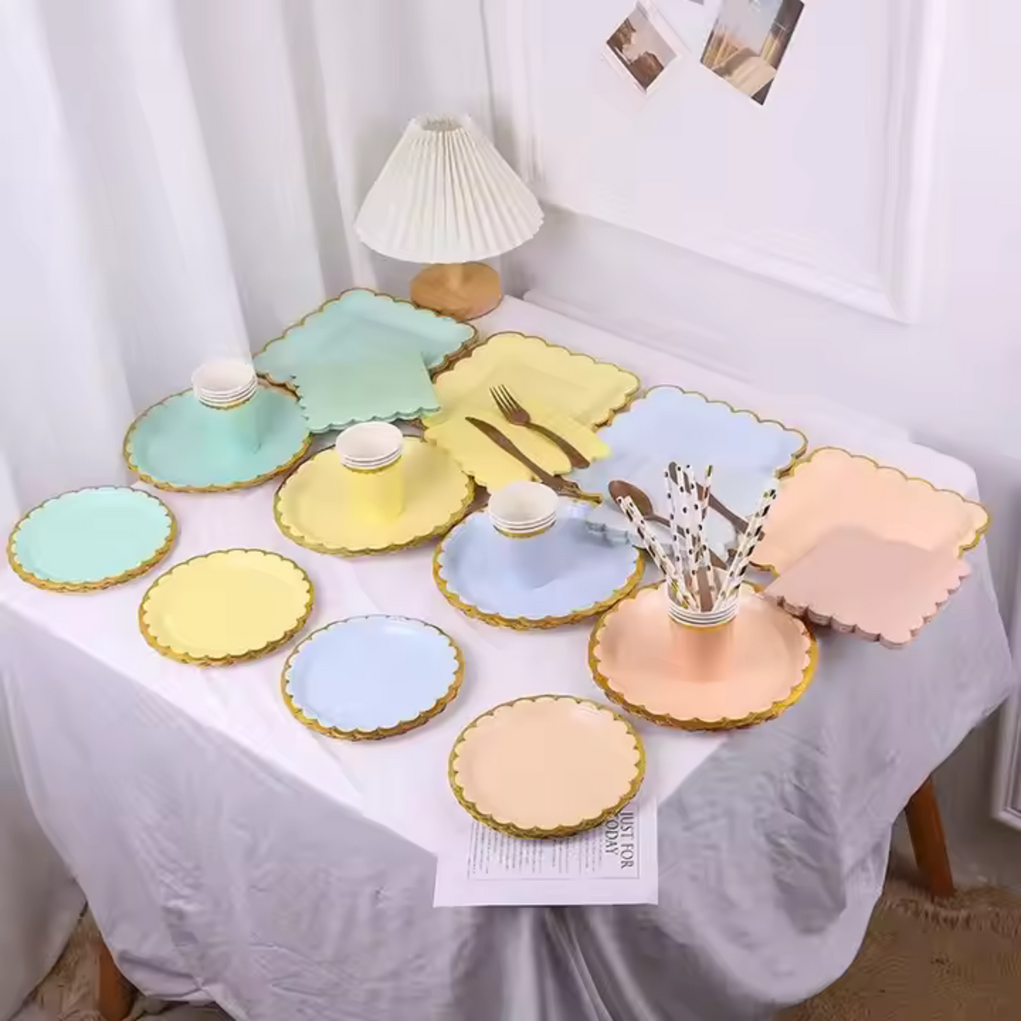 Yellow Party Tableware Combo with Plates, Tissues, Cups, Spoons and Forks - 64PC - Serves Upto 10 Pax