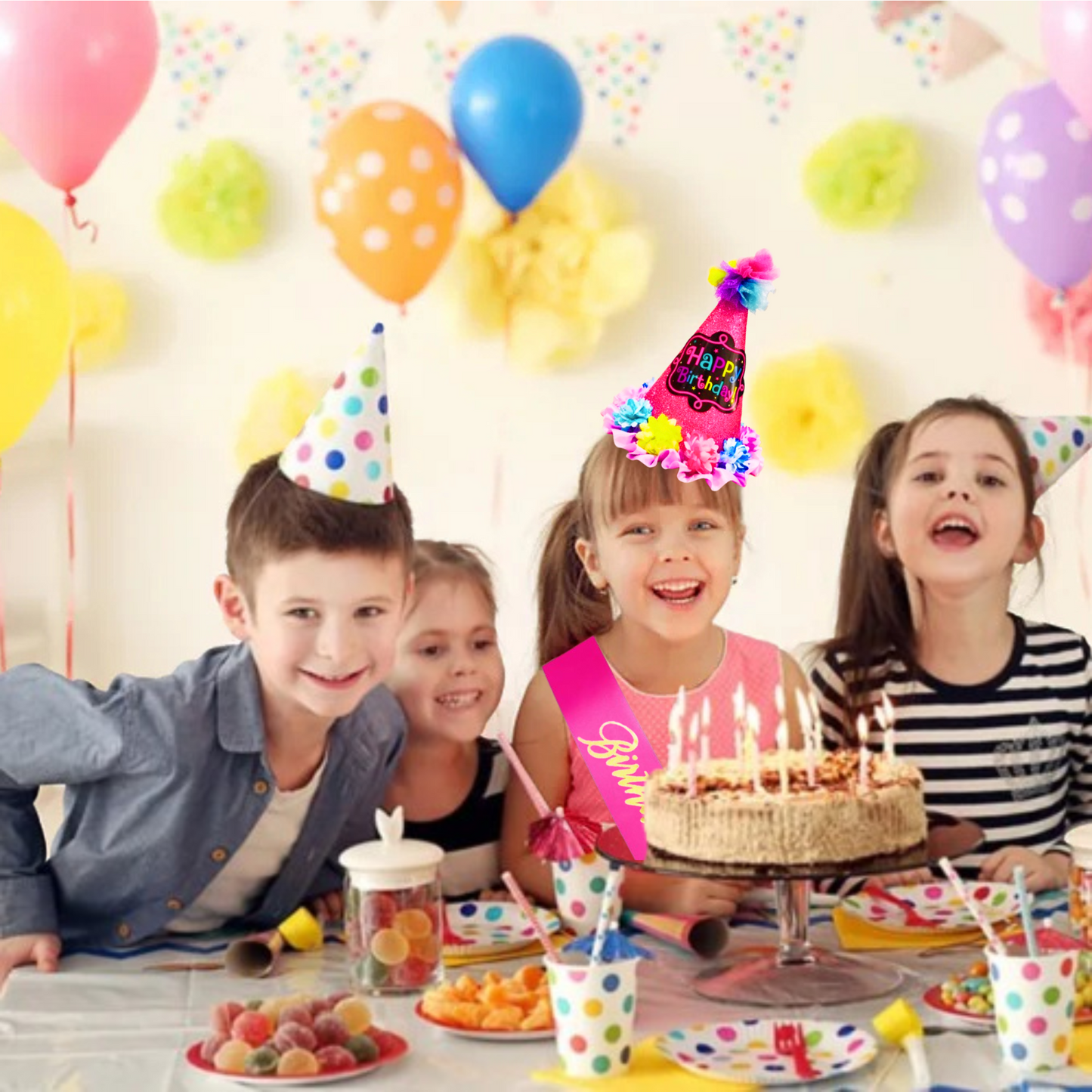 Pink Happy Birthday Floral Conical Hat & Sash Combo for Girls - Set of 2