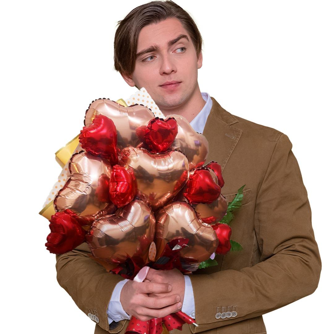 Rose Gold & Red Heart Shape Foil Balloon Bouquet Set - 14PC