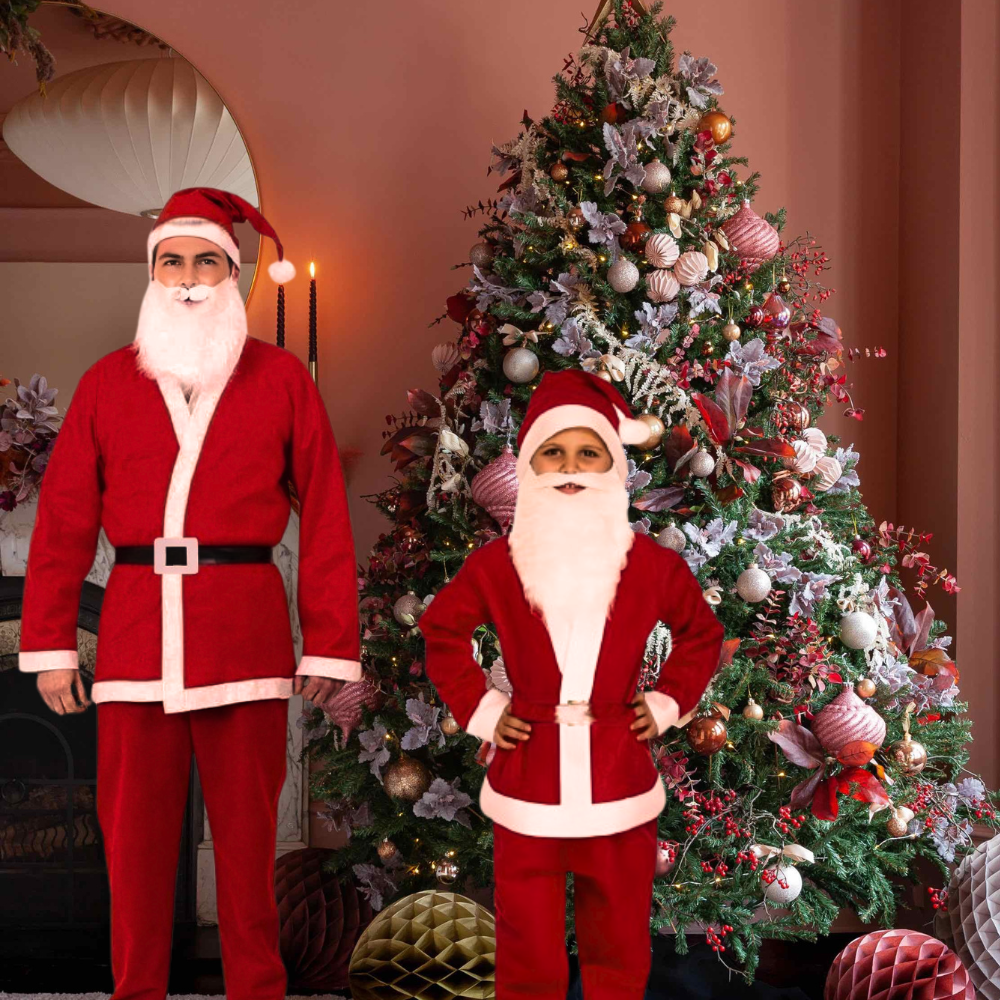 Santa Costume w/ Beard, Belt & Pouch for Christmas/ Theme Party for Adults