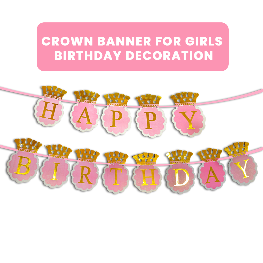 Happy Birthday Pink Banner with Golden Crown for Girls - 10FT - 1PC