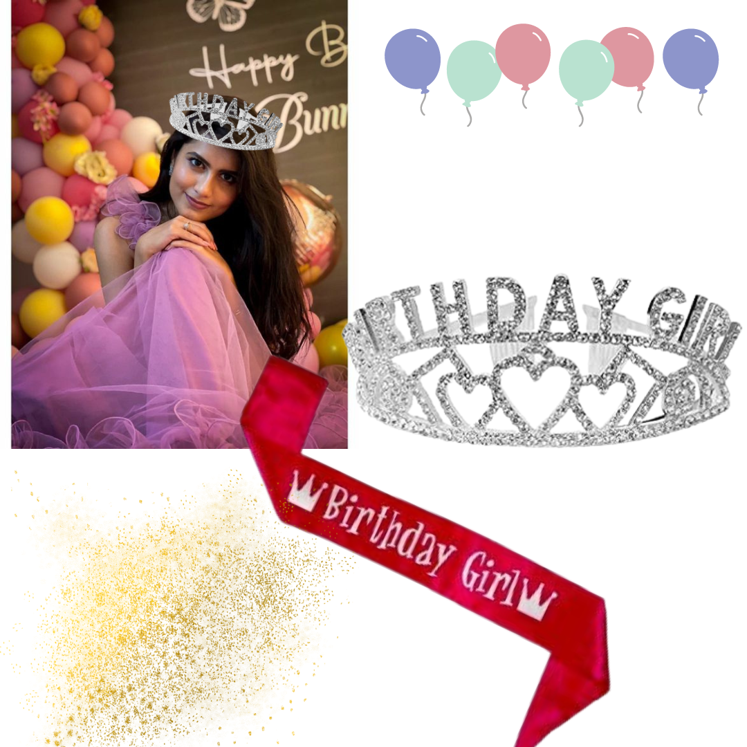 Birthday Girl Crown Fr Girls- Tiara And Pink Sash Combo -2 Pcs