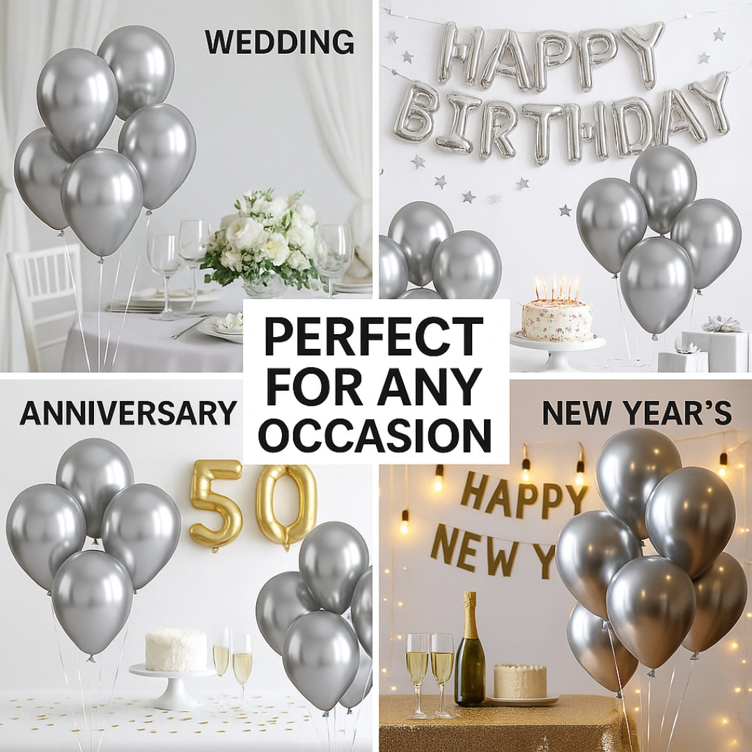 Silver Chrome Latex / Rubber Balloons - 10 inches - Bulk Pack - 50PC