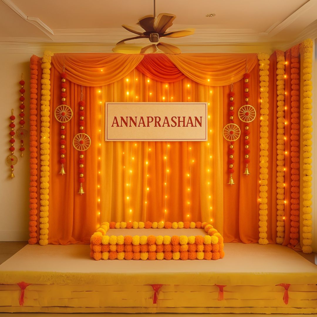 Artificial Orange Marigold Flower Hanging with Rings and Bell Hanging - 2PC