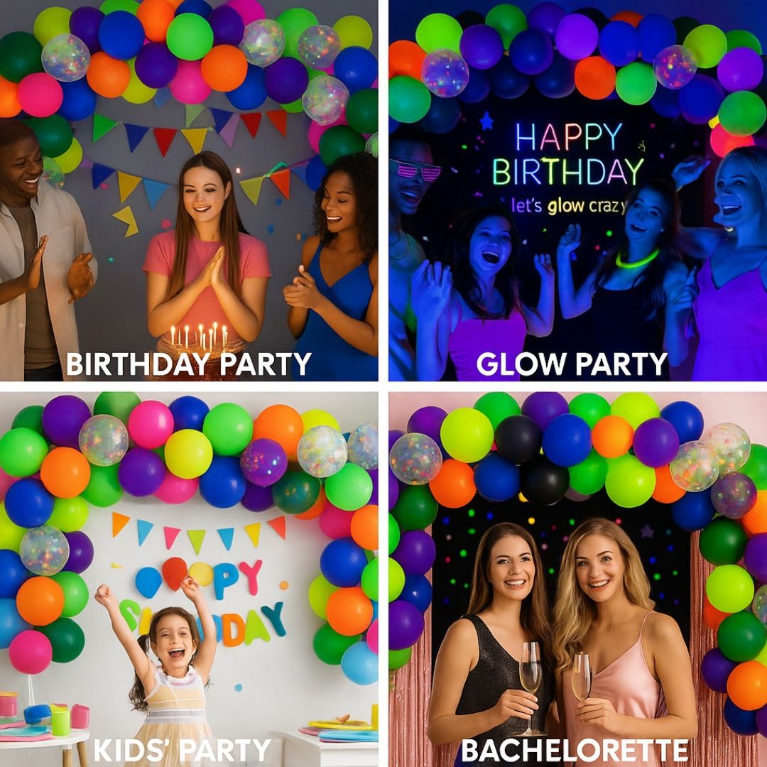 Neon Happy Birthday Banner with Glow in the Dark Balloon Arch Decoration Kit - 80PC