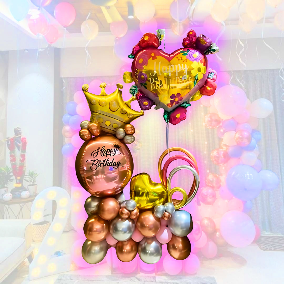 Happy Birthday Pink. Silver & Golden Balloon Bouquet Set
