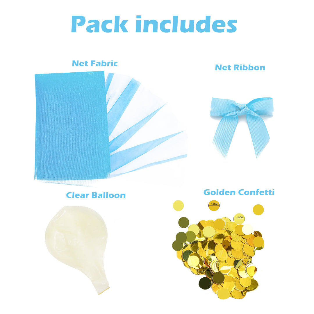 Clear Balloon With Blue Net And Golden Confetti - 18 inches - 1PC