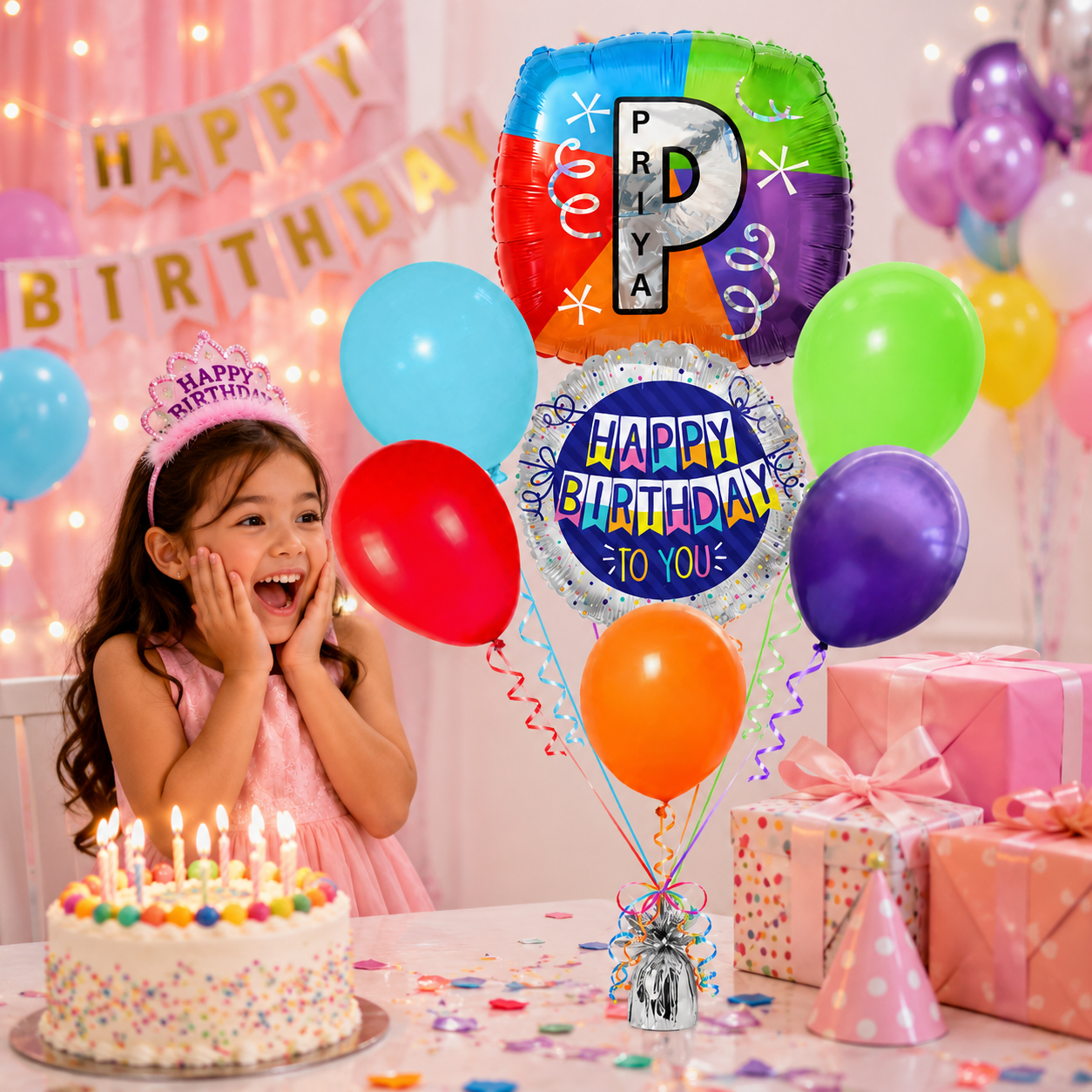 Alphabet "P" Printed Square Shaped Balloon with Customized Name Balloon Bouquet Set of 7PC | Helium Filled & Delivers Inflated