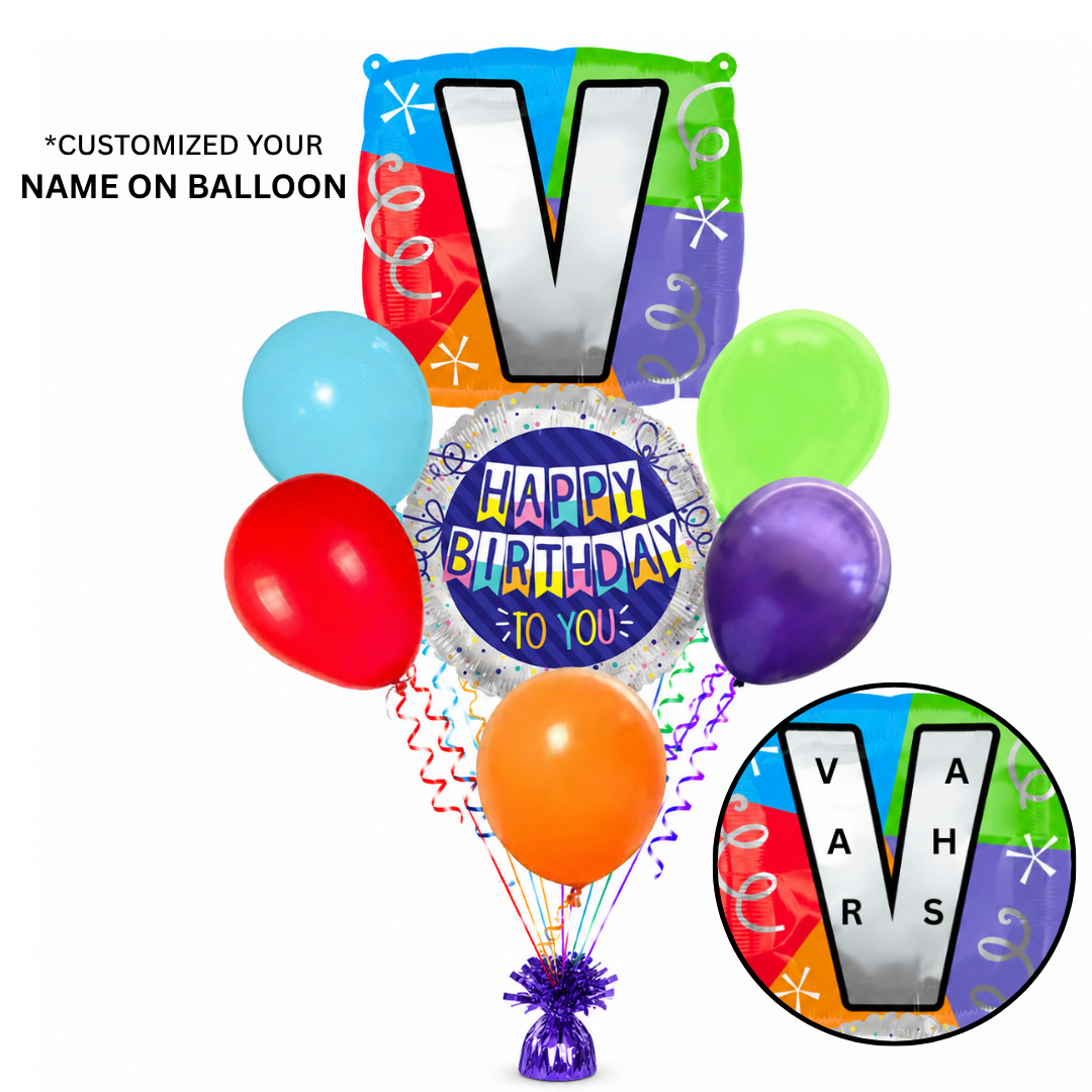 Customizable Alphabet "V" Square Shaped Balloon with Customized Name Stickers Bouquet Set of 7PC | Customizable Name Initial Balloons | Choose Your Name | Helium Filled & Delivers Inflated