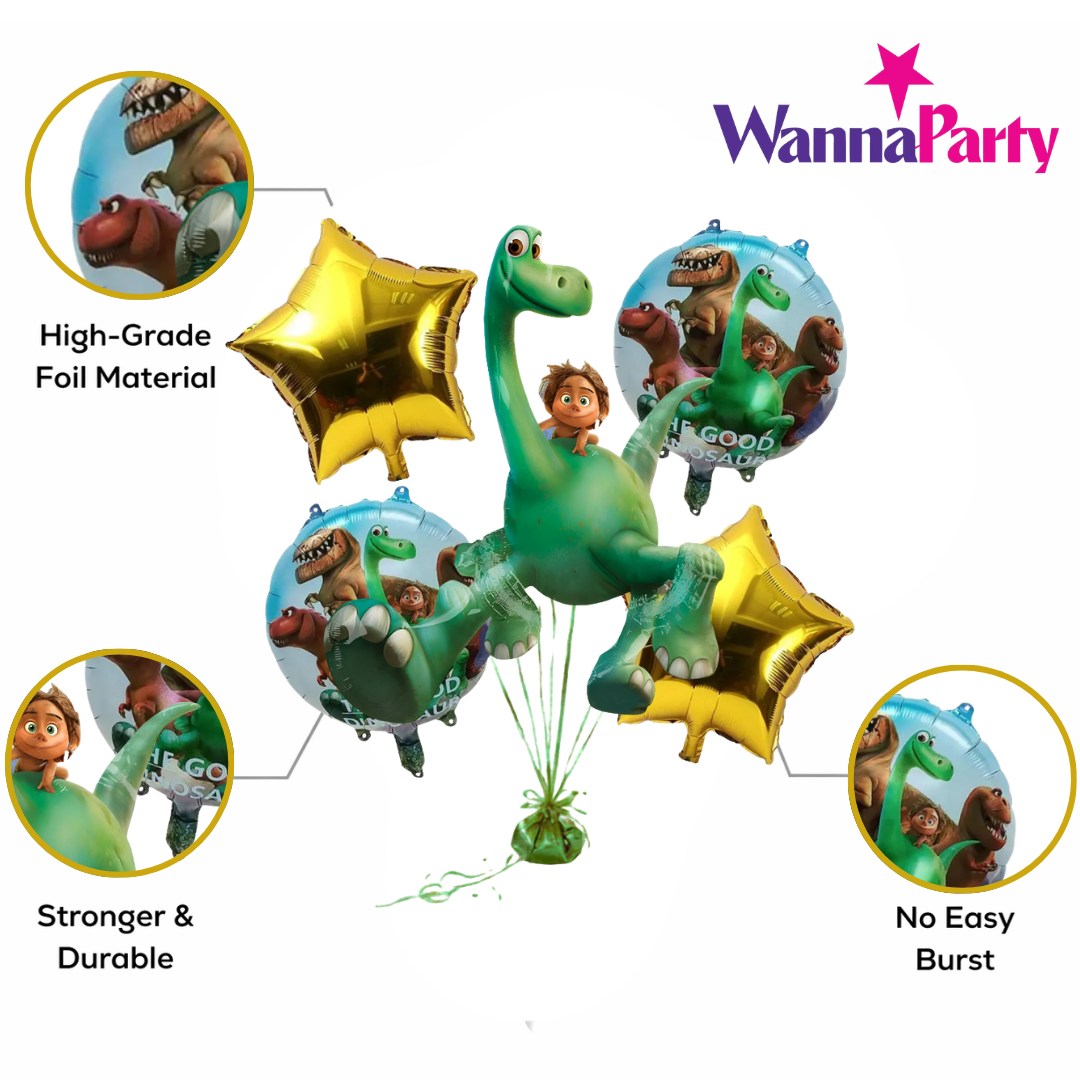 Dinosaur Theme Helium Balloon Set of 5 (Large Dino Supershape + 2 Gold Star + 2 Dinosaur Print Balloons) | Pre-Inflated & Delivered | Kids Birthday Decoration