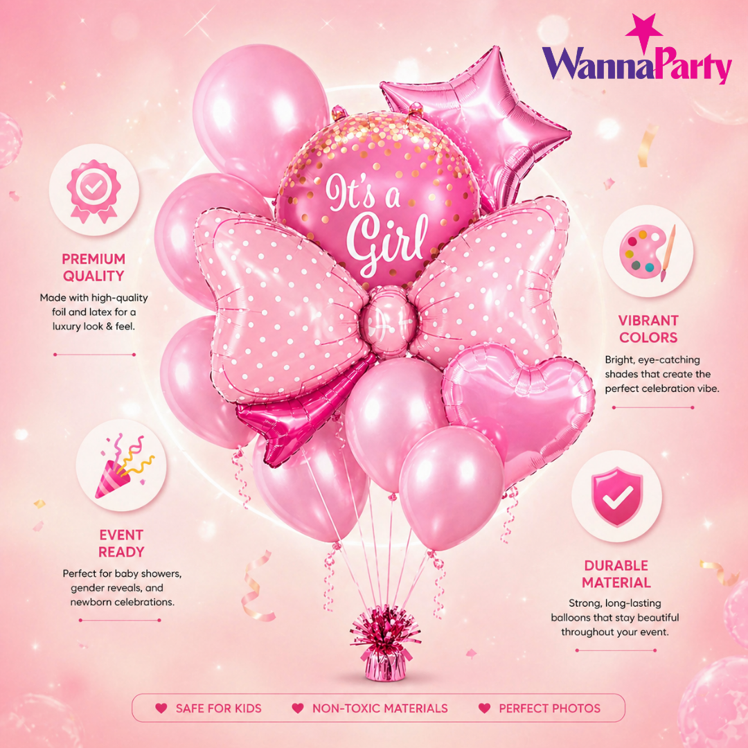 It's a Girl Baby Announcement Balloon Set of 10 | Pink Bow Shaped Balloon | Helium Filled & Delivers Inflated