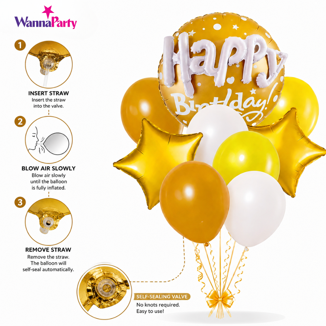 Happy Birthday Matte Gold 3D Balloon Bouquet Set (9 Pcs) Helium Filled & Delivered Inflated