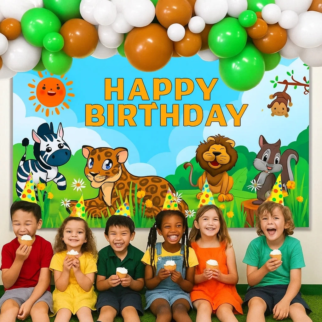 Happy Birthday Jungle Animal Banner w/ Brown, Green & White Latex/ Rubber Balloons - 4FT x 2FT - 1PC