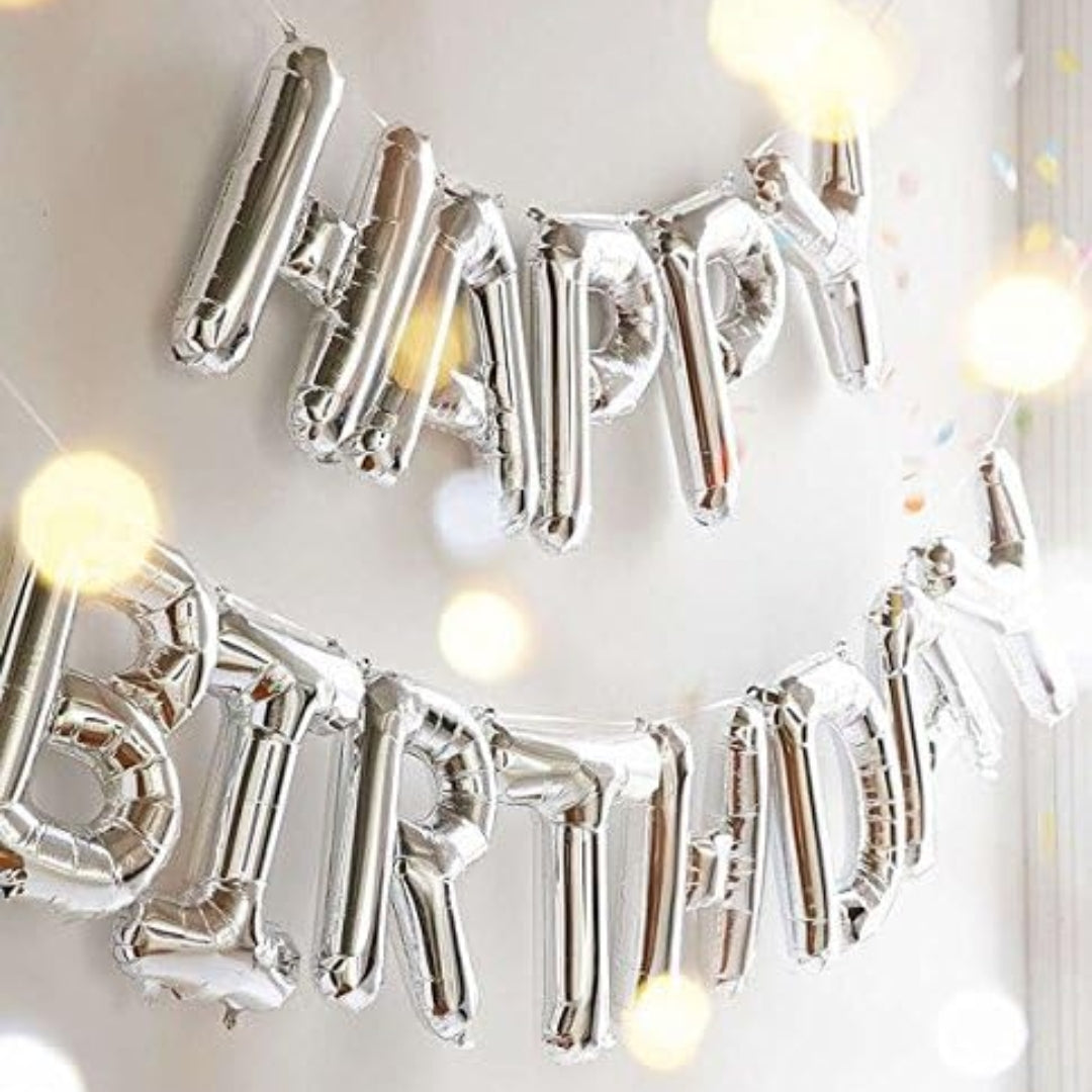 Happy Birthday Silver Letter Balloon Banner - Air Filled - 1 Pack